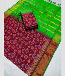 Parrot Green and Maroon color Tripura Silk handloom saree with kaddy border design -TRPP0008584