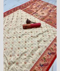 Cream and Red color paithani sarees with minakari boder and heavy mina zari weaving pallu design -PTNS0005242