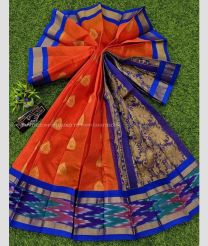 Orange and Navy Blue color Chenderi silk handloom saree with all over buties and pochampally border design -CNDP0012502