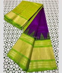 Purple and Parrot Green color kuppadam pattu handloom saree with plain with big temple and rudraksha kanchi border design -KUPP0096803