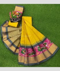 Mustard Yellow and Pink color Chenderi silk handloom saree with all over buties with special pochampally and kanchi borders design -CNDP0015907