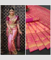 Peach and Pink color Lichi sarees with zari border saree design -LICH0000196