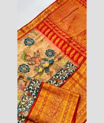 Cream Red and Blue color gadwal pattu handloom saree with kalamkari design saree -GDWP0000739