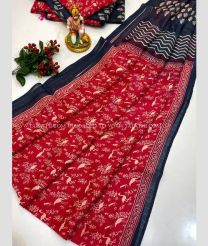 Red and Black color linen sarees with all over printed design -LINS0003304