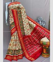 Cream and Red color pochampally ikkat pure silk sarees with all over pochampally ikkat design -PIKP0037881