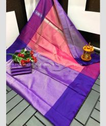 Purple and Coral Pink color Uppada Tissue handloom saree with plain with two sides pattu border design -UPPI0001558