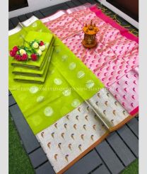 Parrot Green and Pink color Chenderi silk handloom saree with all over buties with kanchi paithani border design -CNDP0015836