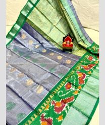 Grey and Green color Chenderi silk handloom saree with all over big buties and pochampally peacock border saree design -CNDP0005785