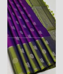 Purple and Green color soft silk kanchipuram sarees with all over buttas design -KASS0001039