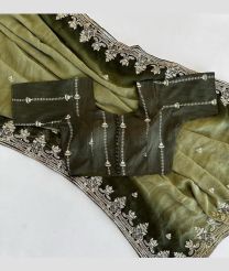 Fern Green and Oak Brown color Chiffon sarees with all over embroidery with piping attached design -CHIF0001990