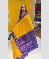 Yellow and Purple color gadwal cotton sarees with temple kuttu border design -GAWT0000321