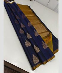 Navy Blue and Golden Brown color kanchi pattu handloom saree with all over buties with unique border design -KANP0013689