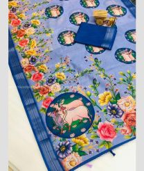 Sky Blue and Navy Blue color linen sarees with big zari border digital print concept with elegant kalmkari print design -LINS0003721