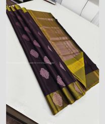 Chocolate and Mehendi Green color kanchi pattu handloom saree with all over buties with unique border design -KANP0013693
