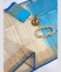 Cream and Sky Blue color Kollam Pattu handloom saree with all over checks design -KOLP0001707