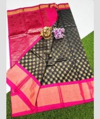 Black and Copper color Chenderi silk handloom saree with all over checks and buties saree design -CNDP0012070