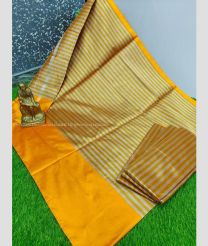 Cream and Mango Yellow color Uppada Cotton handloom saree with all over lines with big silk border design -UPAT0004103