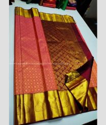 Red and Maroon color kanchi pattu handloom saree with zari border saree design -KANP0006360
