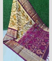 Light Yellow and Pink color pochampally Ikkat cotton handloom saree with All over Pochampally Ikkat Design-PIKT0000106