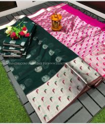 Forest Fall Green and Pink color Chenderi silk handloom saree with all over buties with kanchi paithani border design -CNDP0015832