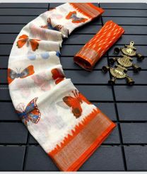 White and Orange color linen sarees with all over big butterfly with jari border design -LINS0003689