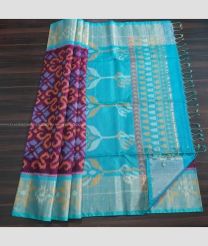Plum Purple and Sky Blue color Ikkat sico handloom saree with pochampalli ikkat design -IKSS0000344