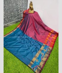Blue Ivy and Deep Magenta color Uppada Soft Silk handloom saree with plain with pochampalli border design -UPSF0003633