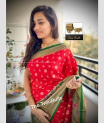 Red and Dark Green color Banarasi sarees with all over zari butis almond zari weaving beautiful meenakari paithani flowers border design -BANS0002686