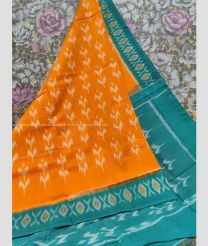 Orange and Teal color pochampally Ikkat cotton handloom saree with printed design saree -PIKT0000301