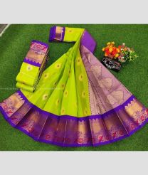 Parrot Green and Purple color Chenderi silk handloom saree with all over meena buties with kanchi border design -CNDP0016225