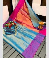 Blue Ivy and Copper color Uppada Tissue handloom saree with plain with two sides pattu border design -UPPI0001737