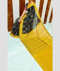 Black and Mustard Yellow color linen sarees with all over digital printed design -LINS0003758