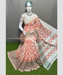 Peach and Half White color pochampally Ikkat cotton handloom saree with pochampalli ikkat design saree -PIKT0000378