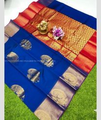 Blue and Red color Chenderi silk handloom saree with all over big peacock buties saree design -CNDP0012171