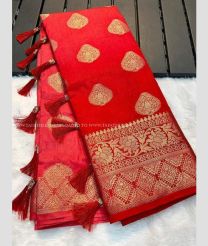 Red color Banarasi sarees with all over gold jari woven design -BANS0011491