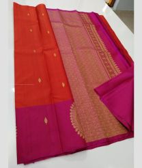 Orange and Pink color kanchi pattu handloom saree with all over buties design -KANP0013719