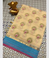 Cream and Blue Jay color mangalagiri pattu handloom saree with all over printed design -MAGP0026572