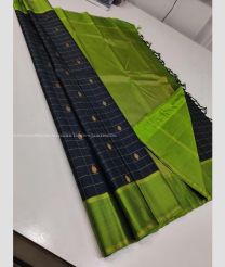 Black and Green color kanchi pattu handloom saree with all over checks and buties with hand woven 1g pure jari border design -KANP0012281