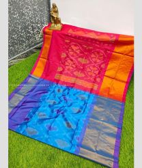 Blue and Deep Pink color Uppada Soft Silk handloom saree with all over pochampally with big border design -UPSF0003388