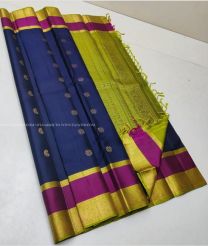 Navy Blue and Acid Green color soft silk kanchipuram sarees with all over buties and checks with double warp border design -KASS0000980