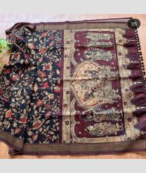 Black and Maroon color linen sarees with all over kalamkari printed design -LINS0003595