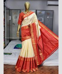 Cream and Maroon color pochampally ikkat pure silk handloom saree with all over buties saree design -PIKP0015995