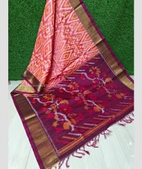 Coral Pink and Plum Purple color Ikkat sico handloom saree with all over ikkat design -IKSS0000378
