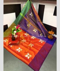 Orange and Purple Blue color Uppada Tissue handloom saree with all over buties printed design -UPPI0001333