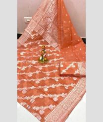 Copper color Chenderi silk handloom saree with all over silver jari design -CNDP0015670