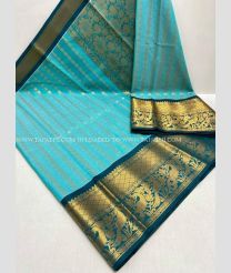 Blue Turquoise and Teal color Chenderi silk handloom saree with all over buties with kuppadam border design -CNDP0015774