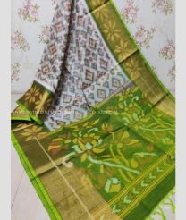 Half White and Parrot Green color Ikkat sico handloom saree with pochampalli ikkat design -IKSS0000324