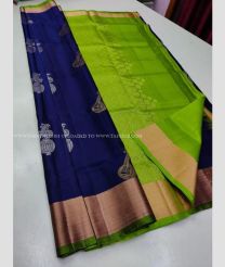 Navy Blue and Parrot Green color soft silk kanchipuram sarees with zari border design -KASS0000413