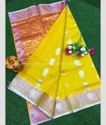 Red and Mustard Yellow color Chenderi silk handloom saree with all over buties with silver border design -CNDP0015016
