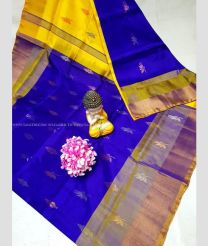 Royal Blue and Yellow color uppada pattu handloom saree with all over bb buties design -UPDP0020770